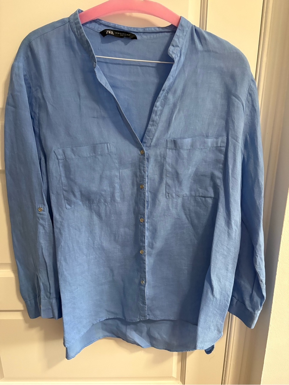 Zara Light Blue Women's Button-Down Linen Shirt